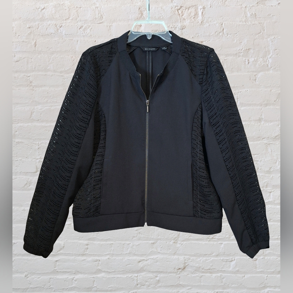 H by Halston black zip front bomber jacket, lace panels, semi-loose fit, Sz. 12